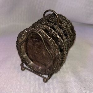 Vintage Silverplated Victorian-Style Grapevine Repousse Coasters (6) w/Caddy